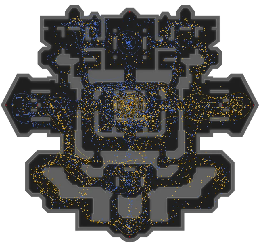 Per-second player coordinates plotted on the in-game minimap with density blobs marking where players spent the most time.
